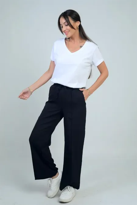 Kadın Beli Lastikli Bağcıklı Yandan Cepli Palazzo Pantolon