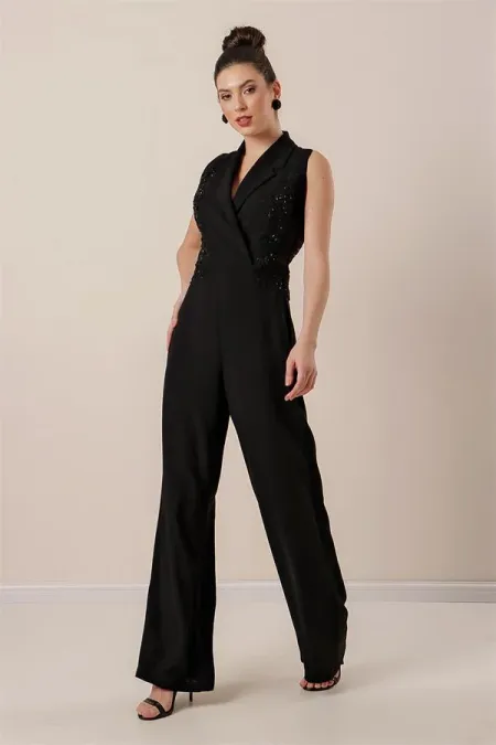 Kruvaze Yaka Boncuk Ve Nakış İşlemeli Tulum