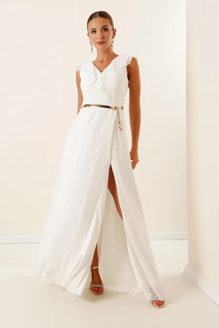 Chiffon Slit Long Dress with Flounce Collar and Belt
