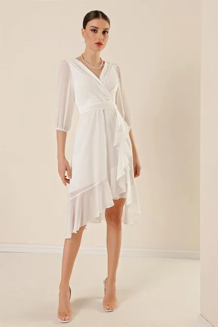 Wrap Neck, Ruffled Skirt, Belted Waist, Lined, Balloon Sleeve, Wide-Sized Chiffon Dress