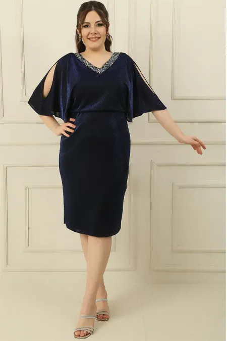 Front and Back Embellished V-Neck Lined Low-Cut Batwing Sleeve Glittery Plus Size Dress