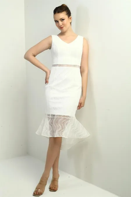 Women's V-Neck Lined Midi Lace Dress with Ruffled Skirt