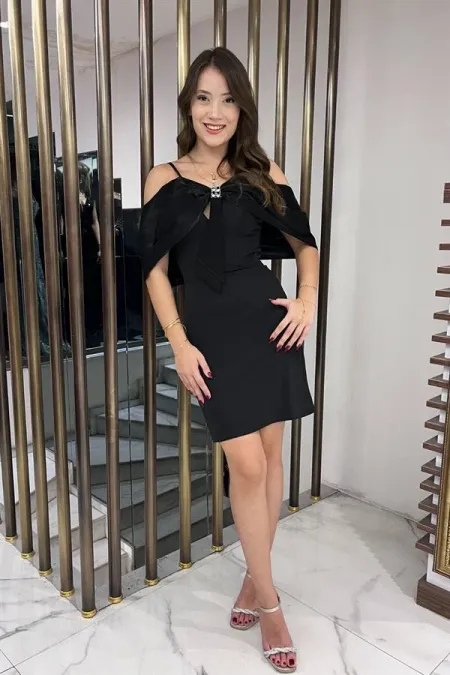 Women's Strappy Satin Short Dress with Stone Embellishments and Lining, and Bow Detail