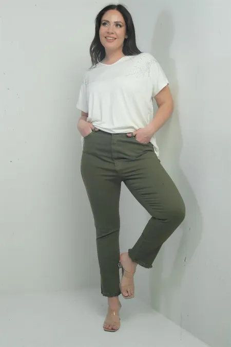 Pantalon skinny en toile lycra à rayures et détails pierre pour femme, grande taille