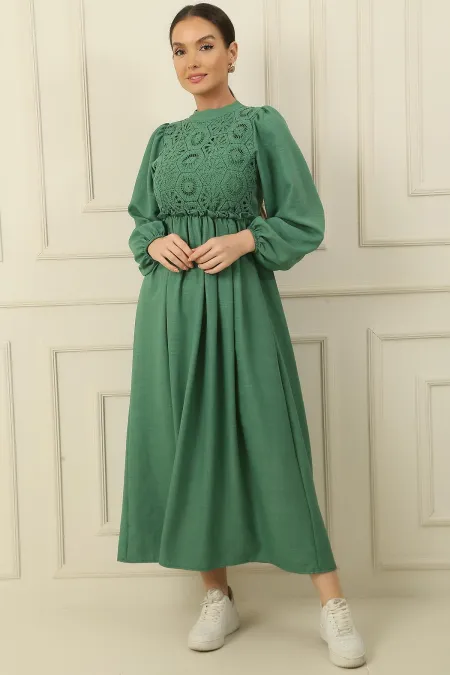 Güpürlü Keten Efekt Uzun Elbise