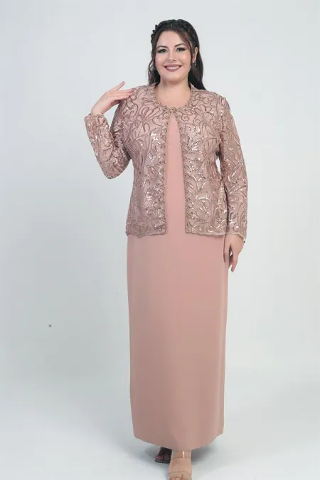 Ensemble 2 pièces pour femme, comprenant une veste en tulle ornée de sequins et de perles, une robe longue à manches demi-lune en crêpe doublée et un pantalon grande taille.