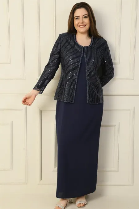 Robe longue à manches demi-lune avec veste en tulle brodée de perles et de sequins, doublée, ensemble deux pièces grande taille