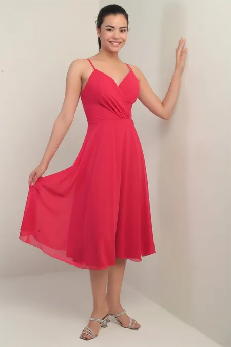 Women's Strappy Wrap Neckline Lined Lace-Up Back Flared Chiffon Dress