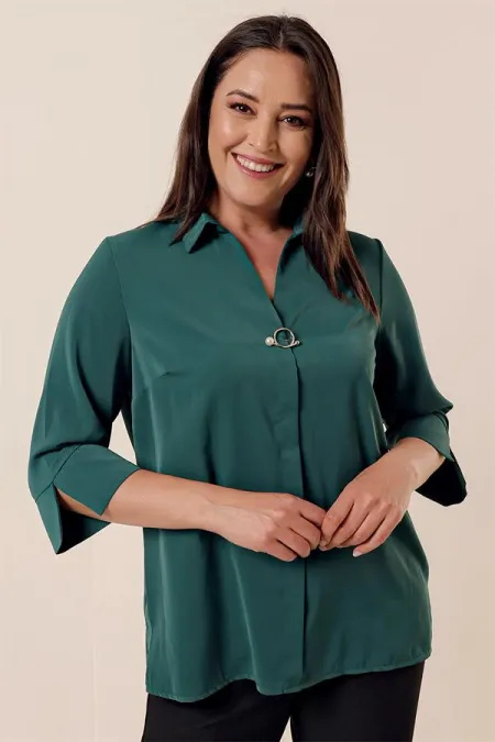 Polo Collar Quarter Sleeve Plus Size Blouse