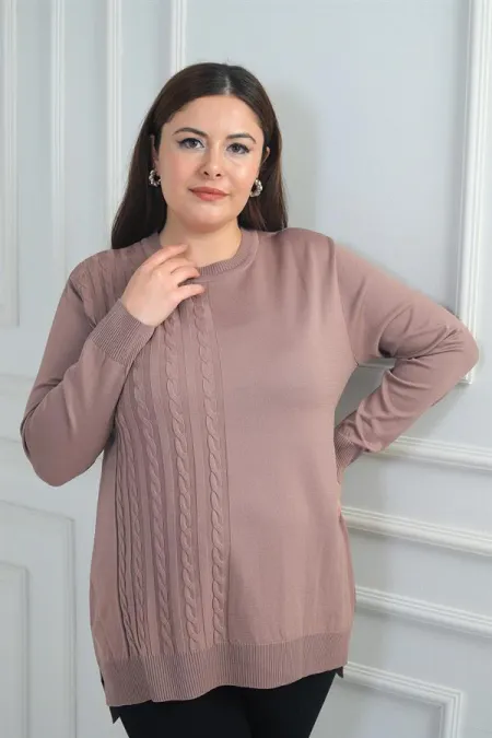 Kadın Tek Taraf Saç Örgülü Büyük Beden Likralı Tunik Bluz