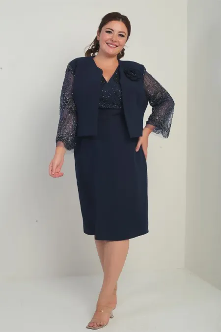 Robe portefeuille à taille drapée et manches en tulle, veste doublée ornée de sequins, ensemble deux pièces grande taille