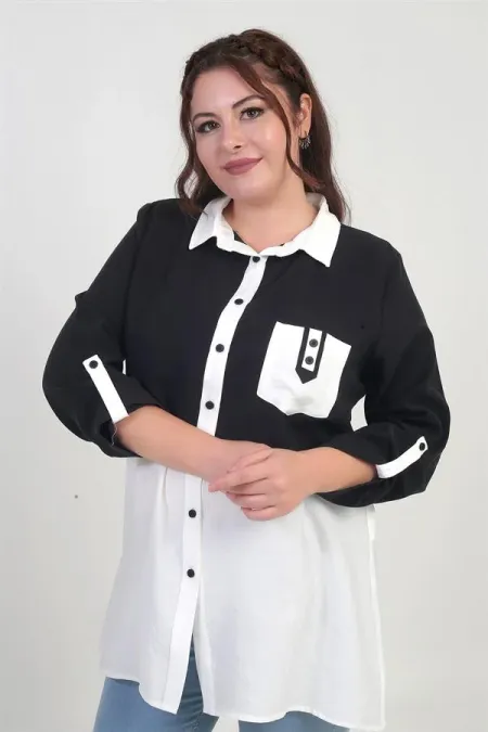 Chemise bicolore en lyocell grande taille pour femme avec manches repliées et poches