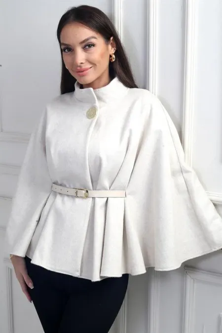 Kadın Tek Düğmeli Beli Kemerli Kaşe Panço