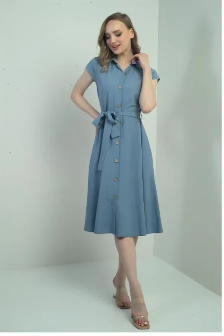 Women's Button-Front Belted Shirt Collar Short-Sleeve Dress