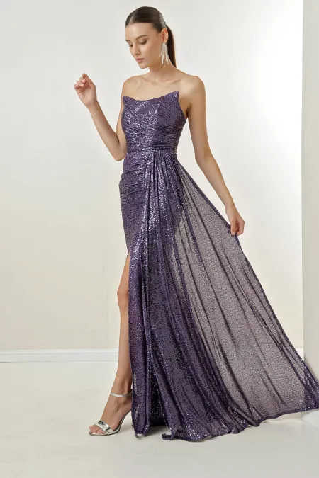 Robe longue à sequins, drapée sur le devant, sans bretelles et doublée