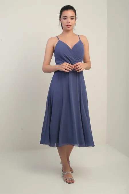 Women's Strappy Wrap Neckline Lined Lace-Up Back Flared Chiffon Dress