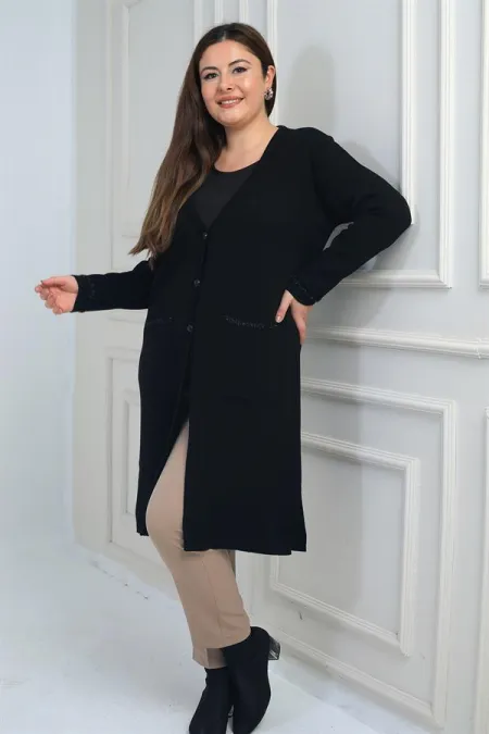 Gilet long en maille grande taille pour femme, avec poches et détails rayés