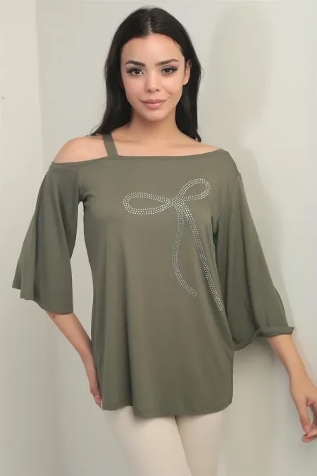 Women's One-Shoulder Blouse with Bow and Rhinestone Print, Lycra