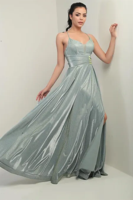 İp Askılı Astarlı Simli Uzun Abiye Elbise