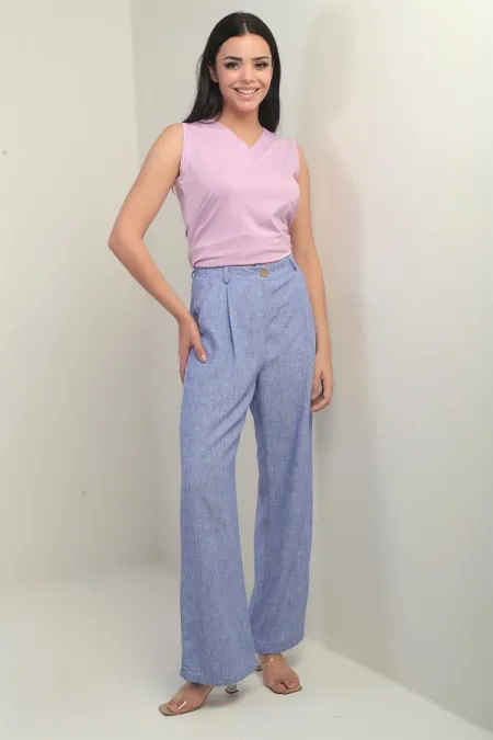 Pantalon palazzo pour femme avec taille élastiquée, poches et détails plissés