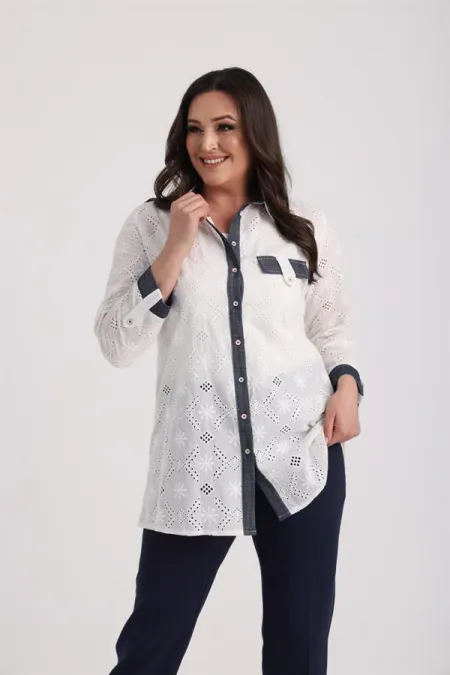 Women's Plus Size Lace-Up Shirt with Denim Outfit