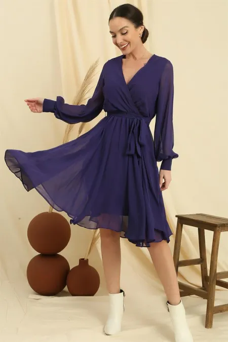 Wrap Neck Long Sleeved Lined Chiffon Dress