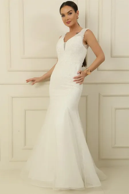 Pul Ve Boncuklu Astarlı Arkası Bağlamalı Simli Uzun Balık Elbise