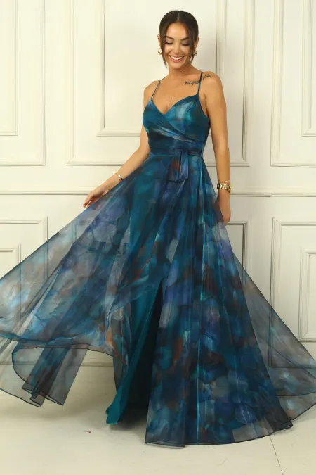 Women's Strappy Back Lace-Up Front Draped Floral Organza Long Dress