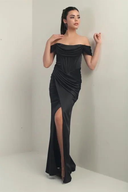 Women's Strapless Low-Sleeve Lined Underwired Satin Long Dress