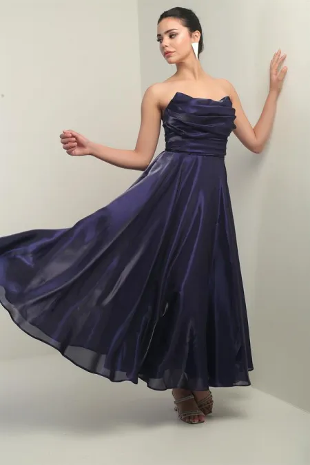 Women's V-Neck Strapless Lined Organza Satin Midi Dress
