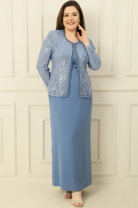 Robe longue à manches demi-lune avec veste en tulle brodée de perles et de sequins, doublée, ensemble deux pièces grande taille