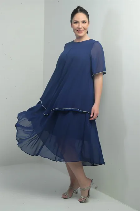 Robe midi en mousseline doublée à manches courtes à volants pour femme, grande taille, ornée de pierres