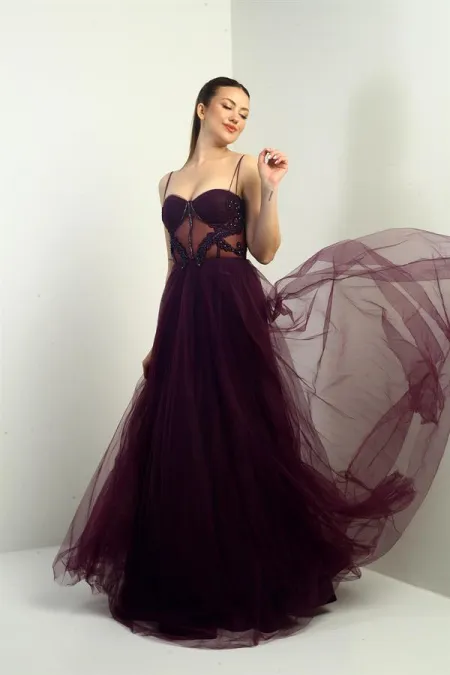 Robe longue princesse doublée à bretelles pour femme, avec buste plissé et ornements de perles