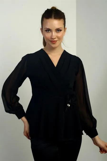 Kadın Kruvaze Yaka Şifon Kollu Çiçek Detaylı Likralı Bluz