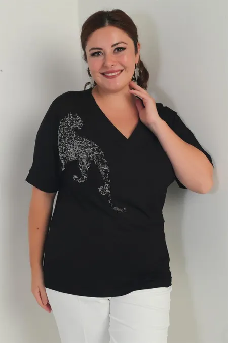 Chemisier grande taille pour femme, col en V, manches chauve-souris courtes, orné de pierres et imprimé lion, en lycra.