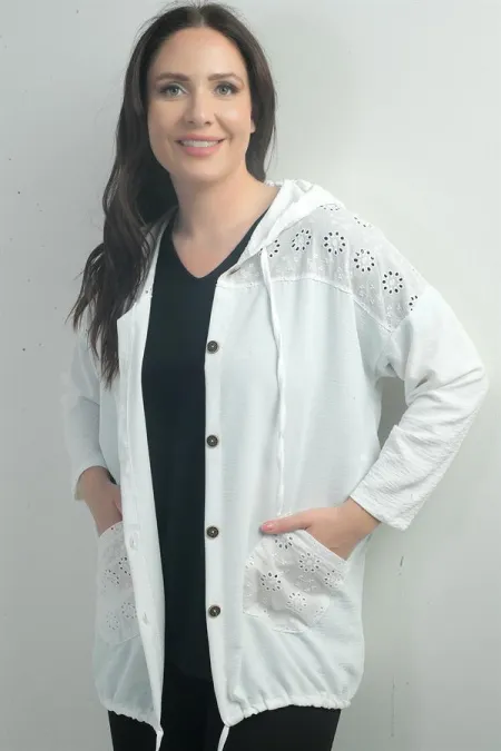 Kadın Kapüşonlu Önü Düğmeli Cepli Fistolu Büyük Beden Hırka