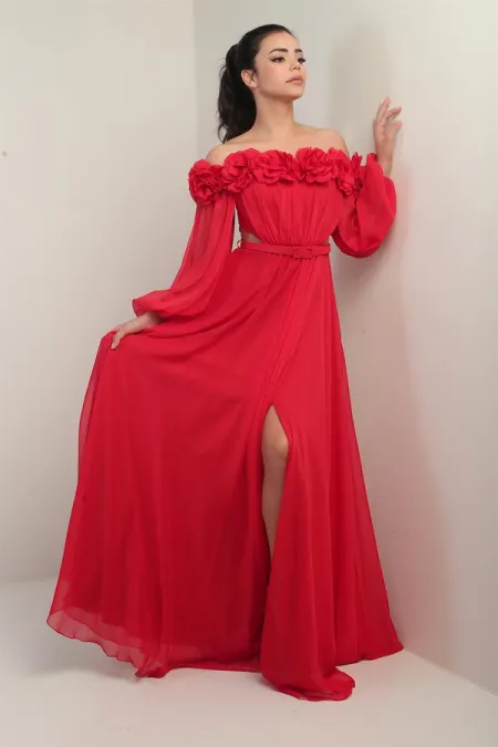 Women's Floral Madonna Neckline Belted Lined Chiffon Long Dress