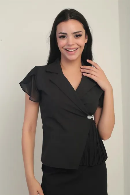 Women's Wrap-Neck Chiffon Blouse with Sleeves and Hem