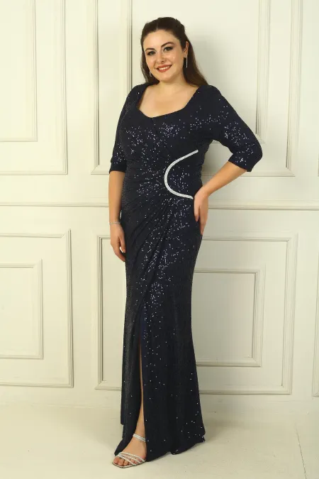 Truvakar Kol Astarlı Önü Drapeli Pulpayet Büyük Beden Uzun Elbise