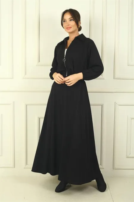 Women's Front Zippered Jacket and Elastic Waist Long Skirt Osyho 2-Piece Set