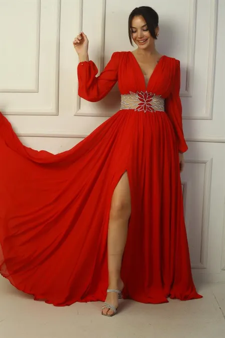 Robe de soirée longue en mousseline de soie avec col en V et taille brodée pour femme