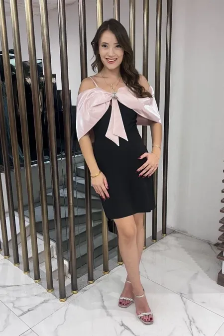 Women's Strappy Satin Short Dress with Stone Embellishments and Lining, and Bow Detail