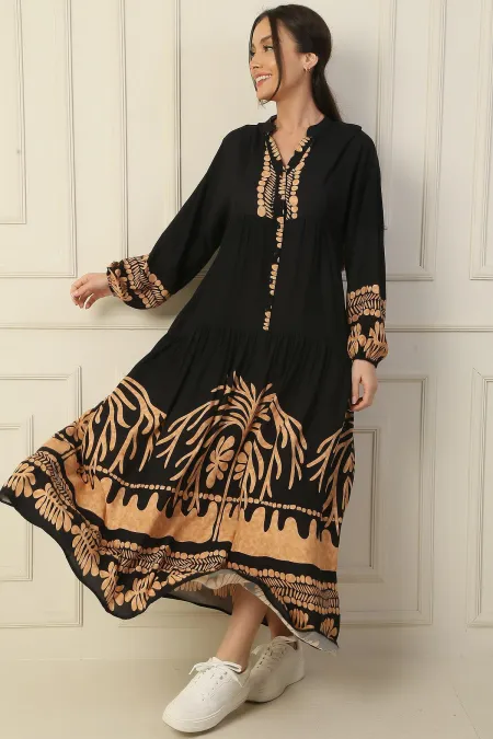 Long, half-buttoned, elasticated sleeve, printed modest dress.