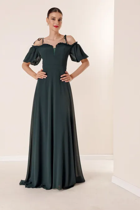 Pleated Collar Balloon Sleeve Long Chiffon Dress