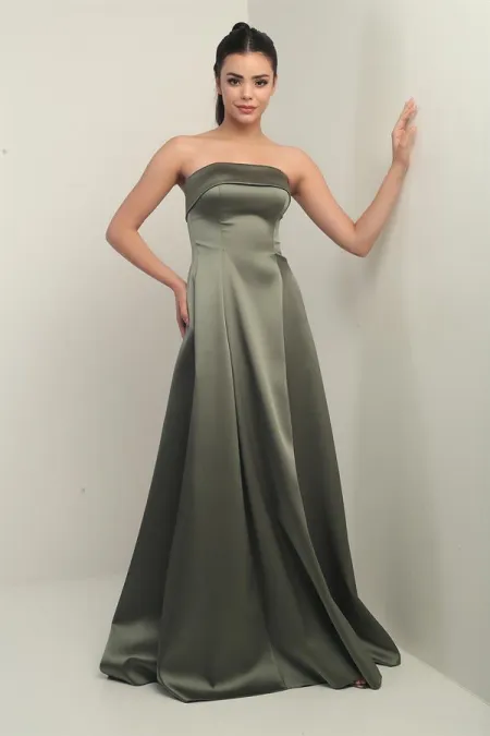 Women's Strapless Lined Long Satin Evening Dress with Pockets