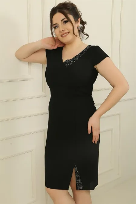 Front and Back V-Neck Lined Half-Moon Sleeved Plus Size Dress with Stone and Bead Details