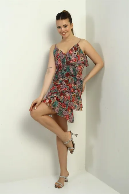 Women's Thin Strap Bust Ruffled Skirt Layered Lined Floral Pattern Short Chiffon Dress