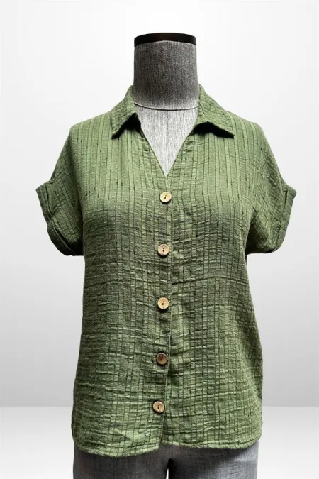 Kadın Polo Yaka Kendinden Desenli Keten Gömlek