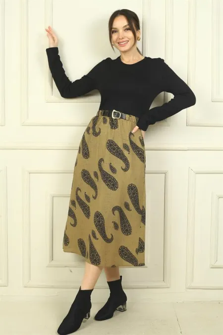 Women's Belted Waist Skirt with Shawl Pattern and Lining
