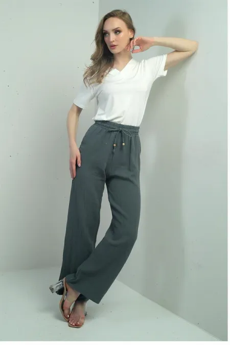 Pantalon palazzo en mousseline pour femme, avec taille élastique et poches